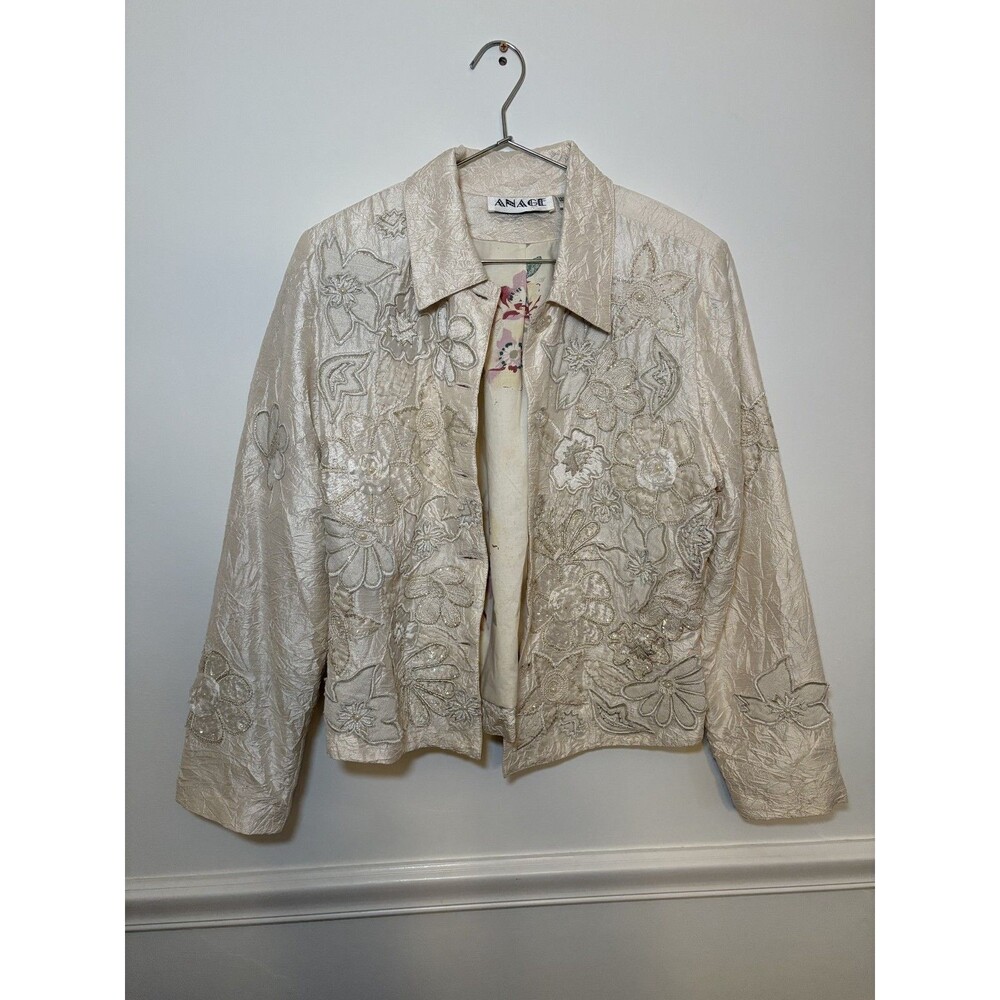 90s Anage 100% Silk Beaded Embroidered Floral Jacket White Flower sz M